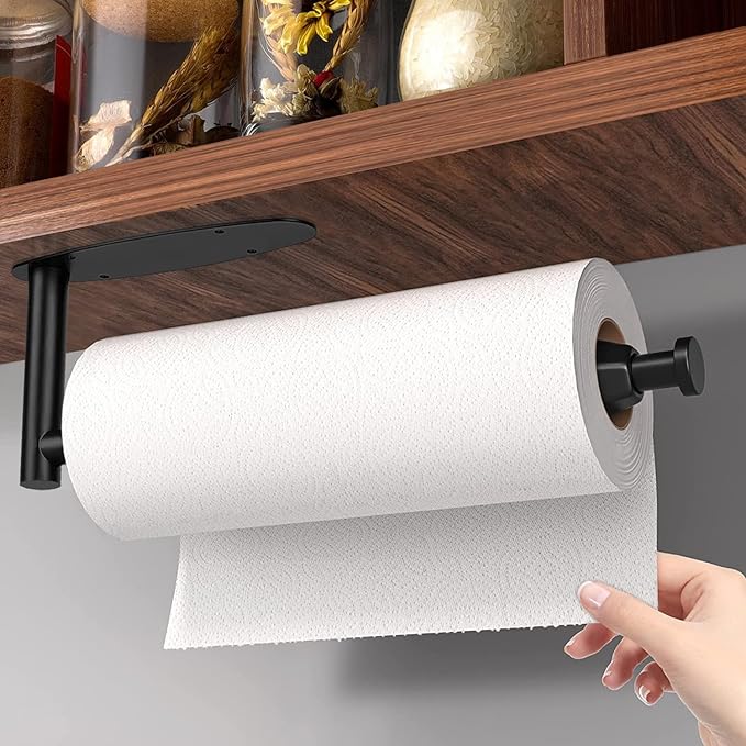 Single Hand Operable Paper Towel Holder Under Cabinet with Damping Effect, Self Adhesive Paper Towel Roll Holder Wall Mount for Kitchen Bathroom, SUS304 Stainless Steel, Black