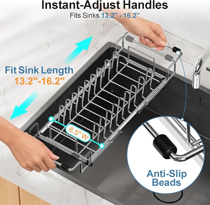 GSlife Small Dish Drying Rack for Counter or Over Sink, Stainless Steel Expandable Dish Drainer with Drain Board and 360° Swivel Drain Spout, Compact for RV, Camper, 1-2 People, Narrow 6.5" W, Silver