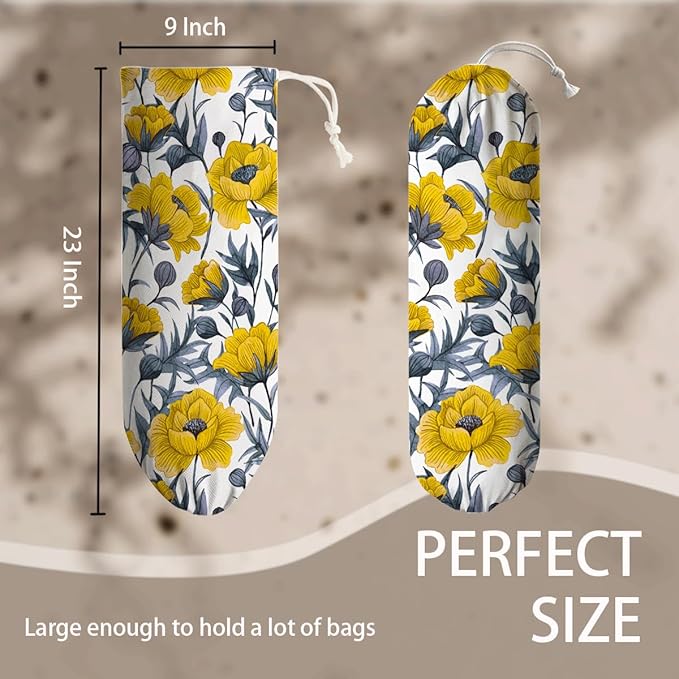 Yellow Floral Bag Holder, Shopping Trash Bags Storage Dispenser, Shopping Garbage Bags Carrier for Home, Kitchen, Travelling, Kitchen Housewarming Gifts for Women Family Friends Grandma Mom