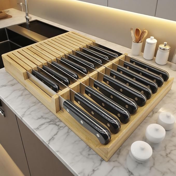 Bamboo In-Drawer Knife Block, 17 Slot Large Capacity Knives Organizer, Upper and Lower Kitchen Steak Knife Storage Rack - Holds 8 Short + 9 Long Knives
