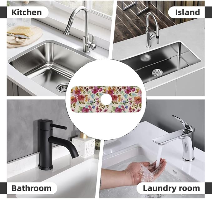 Floral Colorful 15" X 5.5" Kitchen Sink Splash Guard Faucet Faucet Guard Draining Mat Sink Splash Guard Faucet Kitchen Bathroom