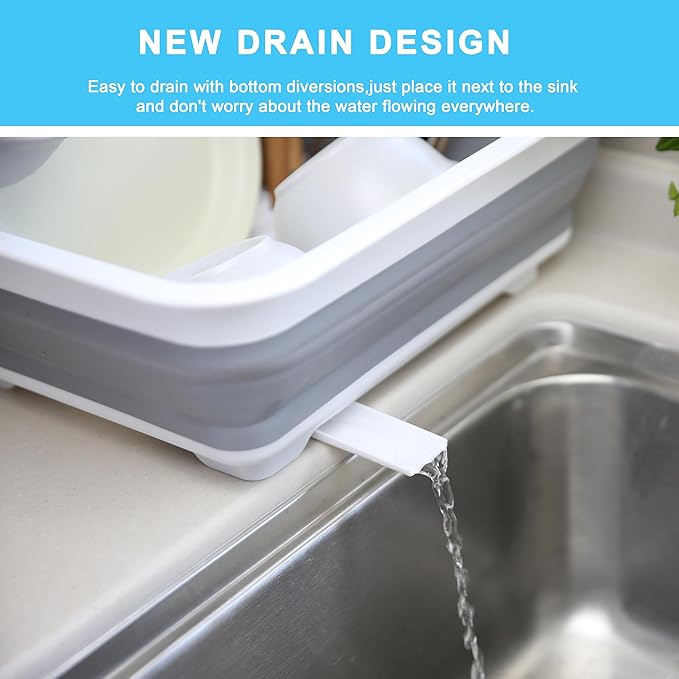 Collapsible Dish Drying Rack with Drain Plug and Swivel Spout - Lightweight, Compact and Space-Saving Dish Drainer Organizer for Kitchen, RV, Campers and Travel Trailers