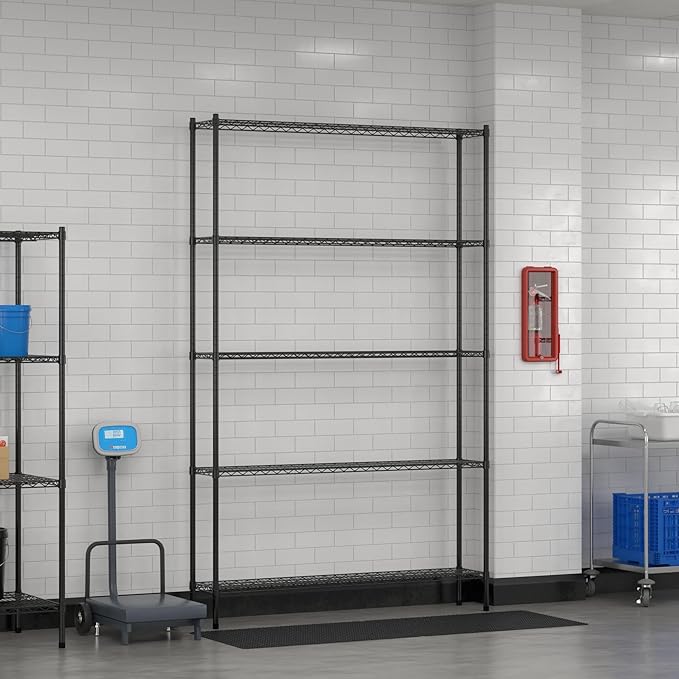 Commercial NSF Listed Black Epoxy Stationary Wire Shelving Kit 12" x 60" x 96", with 5 Shelves Perfect for Warehouse, Walk-in Refrigerator, Freezer, Grocery Store, Restaurant, Dishroom