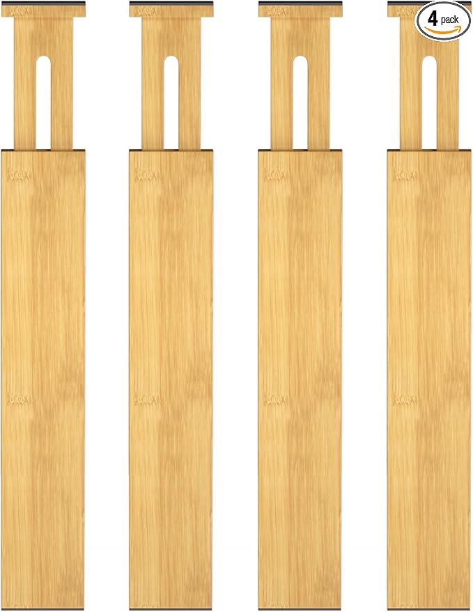 Bamboo Drawer Dividers,12-21" Adjustable Drawer Organizers for Clothes,Expandable Dresser Separators in Kitchen/Bedroom/Bathroom/Vanity/Office Organization and Storage,4-Pack