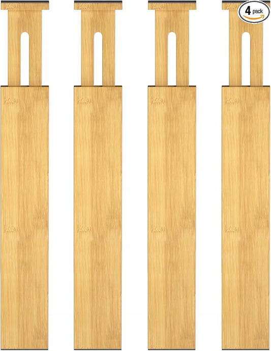 Bamboo Drawer Dividers,12-21" Adjustable Drawer Organizers for Clothes,Expandable Dresser Separators in Kitchen/Bedroom/Bathroom/Vanity/Office Organization and Storage,4-Pack
