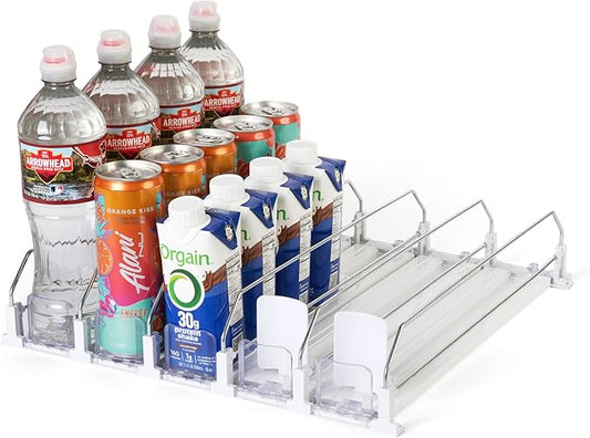 Drink Organizer for Fridge 5-Pack, Spring-Loaded Self-Advancing Can & Bottle Dispenser, Refrigerator Soda/Beer Can Organizer Rack for Water & Energy Drinks, Space-Saving, White