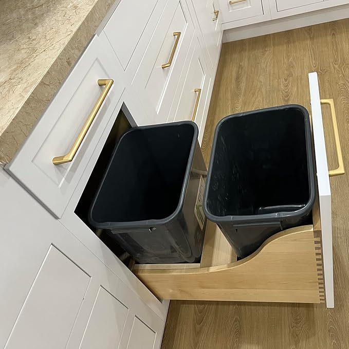 2-in-1 Pull-Out Trash Can Cabinet Solid Wood Frame Freestanding Dual Bin Storage & Organizer Drawer Soft-Close,Shaker & Newtown Style for Kitchen (SK-Origami White, 18" W x 24" D x 34.5" H)