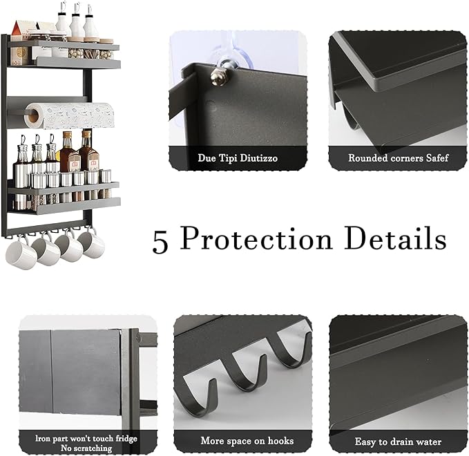 Magnetic Spice Rack for Refrigeratorwith 8-Hook, Magnetic Paper Towel Holder, with Strong Adhesion, Rust-Proof & Space-Saving Design for Kitchen, Bathroom(2 Tier Refrigerator Shelf)