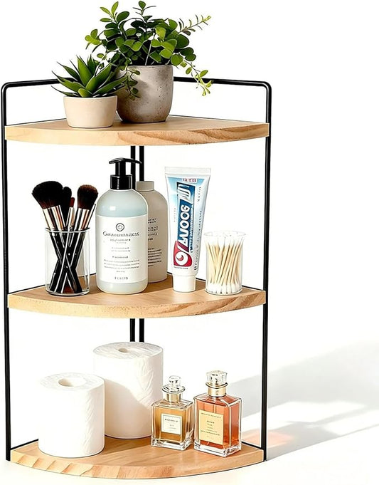 Corner Bathroom Countertop Organizer, 3-Tier Rustic Wood Corner Shelf with Sturdy Metal Frame, Waterproof Vanity Storage for Cosmetics & Toiletries, Space Saving Rack for Kitchen, Natural