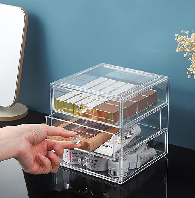 Makeup Drawer Organizer Box with 3 Drawers, Acrylic Cosmetic Display Case Vanity Organizer Jewelry Storage Box Stackable Storage for Cosmetics, Skin Care, Bathroom, Countertop, Clear