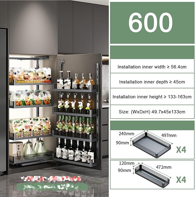 WIGING 4-Tier Narrow Cabinet Pull-Out Basket, High Cabinet Pull-Out Storage Rack with Adjustable Dividers for Kitchen Bathroom Pantry, Single-Layer Load Capacity: 15kg(49.7x45x133cm)