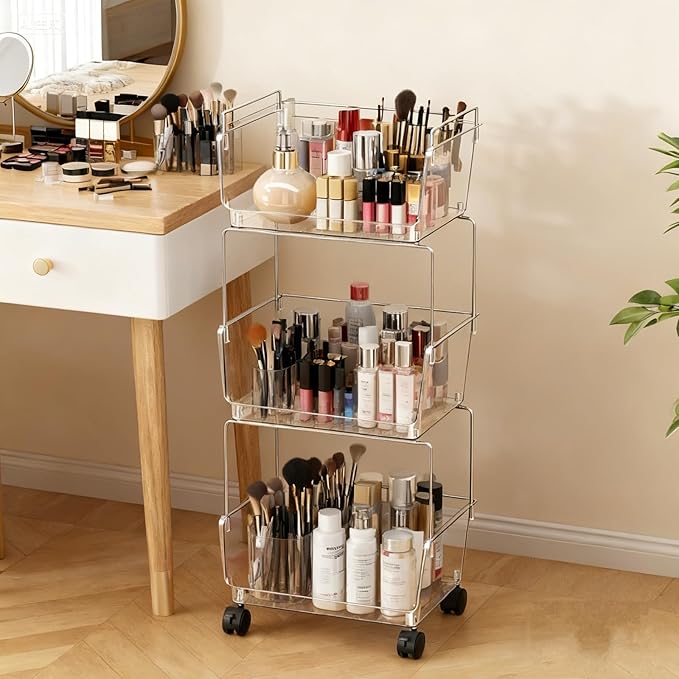 YCIA&DONE 3 Tier Rolling Storage Cart with Locking Wheels, Slim Narrow Organizer for Bathroom, Bedroom & Laundry, Clear Deep Bins, Sturdy Metal Frame, Easy Assembly Utility Trolley