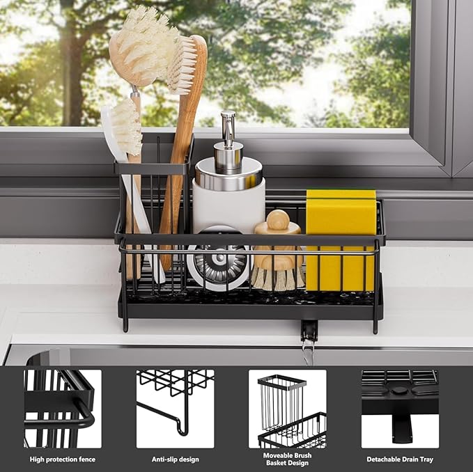 Sponge Holder for Kitchen Sink - Sink Caddy with Self Drain Tray, Stainless Steel Kitchen Sink Organizer for Dishcloth Soap Dispenser Storage
