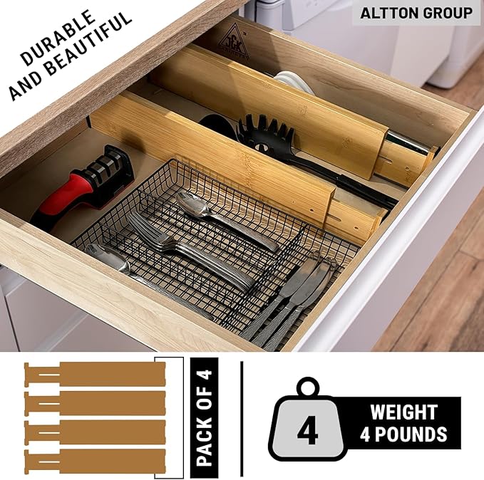 4"" High Drawer Dividers Bamboo Organization Expandable Organizers for Kitchen Bedroom Bathroom Dresser Office 4-pack, natural
