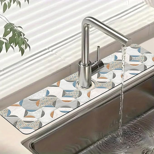 Ceramic Wall Tiles Kitchen Sink Splash Guard Faucet Mat Moroccan Graphics Super Absorbent Fast Drying Mat Sink Splash Guard Behind Faucet for Kitchen Bathroom, 23.5"x5.5"