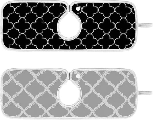 2 PCS Kitchen Sink Splash Guard 14.9 Inch Faucet Mat for Kitchen Sink Bathroom Sink Faucet Absorbing Drip Drain Mat Pad Microfiber Soft Washable Grey and Black Quatrefoil