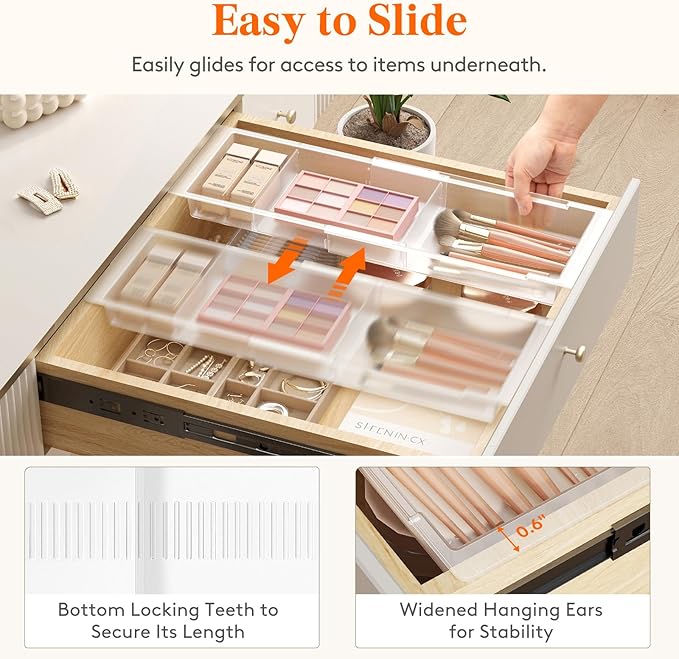 Lifewit Sliding Makeup Drawer Organizer, Fits 13-20" Deep Drawers, Extendable Hanging Divider, 1.8" High Plastic Tray for Vanity, Office, Kitchen, Translucent,1Pcs