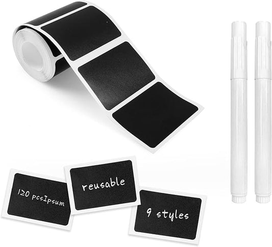 MUWOOB Chalkboard Labels, 120 Pcs Black Reusable Waterproof Labels Stickers, Kitchen Pantry Sticker for Containers, Mason Jars, Condiments, Food Storage (Rectangle)