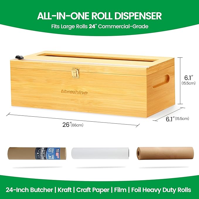 24" Bamboo Paper Roll Dispenser with Sliding Cutter & Roller – Fits Butcher, Kraft, Freezer Paper, Foil & Plastic Wrap – Heavy-Duty Kitchen & Restaurant Organizer