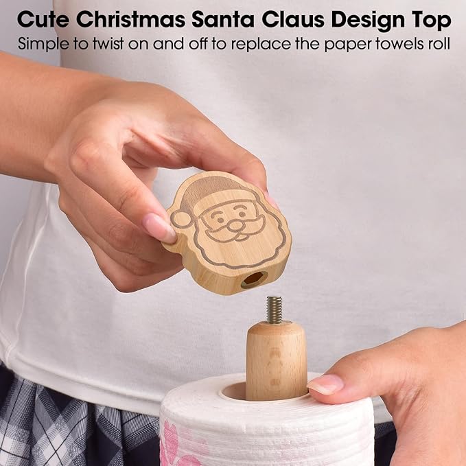 KitchLife Cute Wooden Paper Towel Holder Countertop - Solid Freestanding Paper Towel Dispenser Stand Organizer with Anti-Skid Base (Christmas Santa Claus Style)