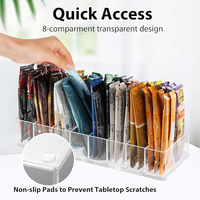 6 Pack Tea Bag Organizer, Clear Plastic Tea Bag Holder with Adhesive Non-Slip Pads, 8-Compartment Sugar & Drink Packet Organizer for Kitchen Storage Organization, Break Room, Pantry Even Drawer