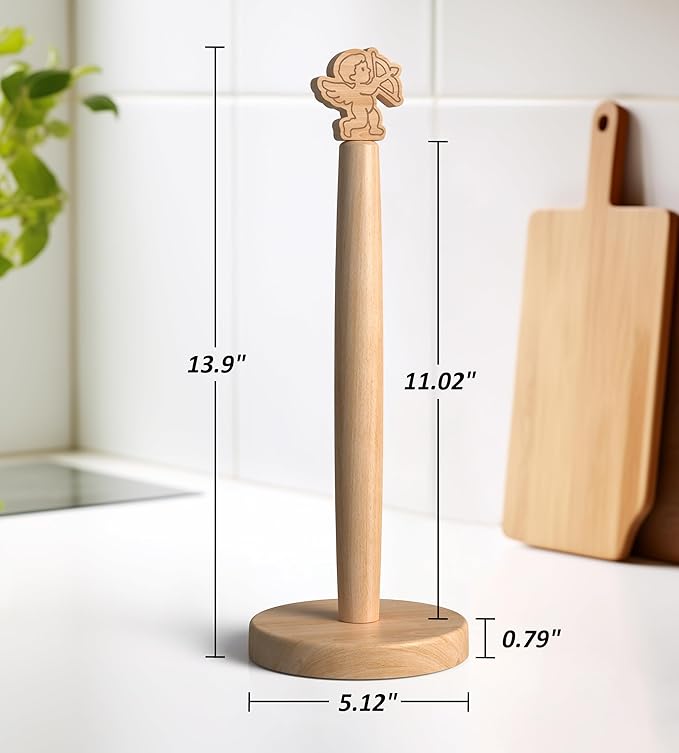 KitchLife Cute Wooden Paper Towel Holder Countertop - Solid Freestanding Paper Towel Dispenser Stand Organizer with Anti-Skid Base (Cupid)