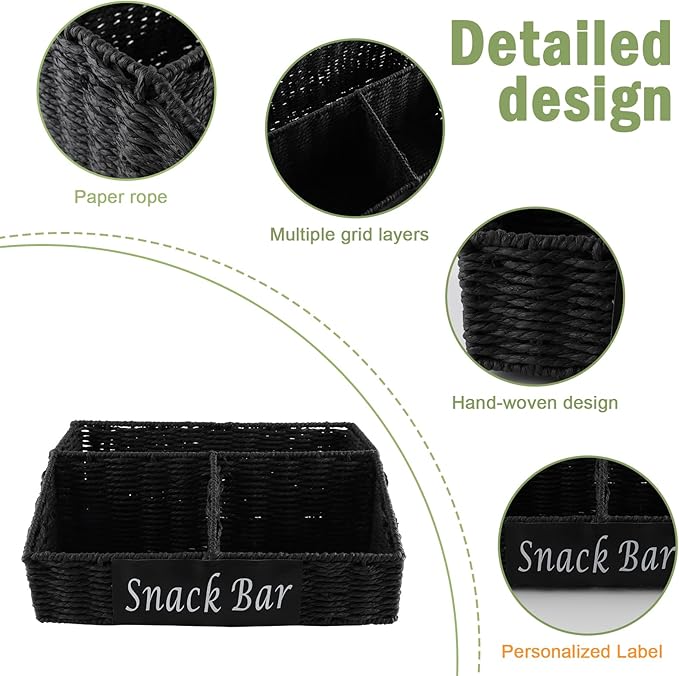 Snack Organizer for Countertop, Trapezoid 3 Compartment Snack Basket Snack Box Container , Snack Bar Organizer, Paper Rope Basket for Kitchen Pantry Organizers and Storage, Black