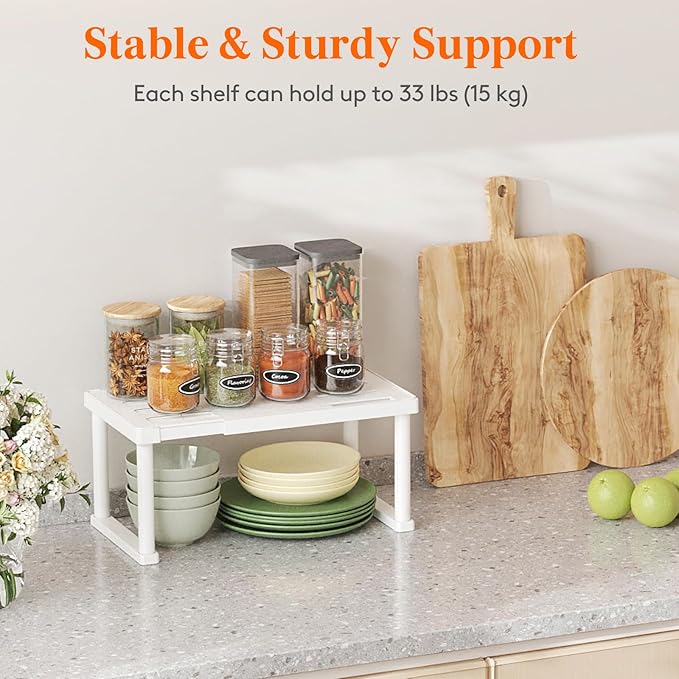 Lifewit Cabinet Shelf Organiser, Expandable Countertop Kitchen Shelves, Plastic Shelf Riser for Pantry Kitchen Storage and Spice Rack, Set of 3, 40 x 21 x 18cm/16 x 8 x 7 inch, White