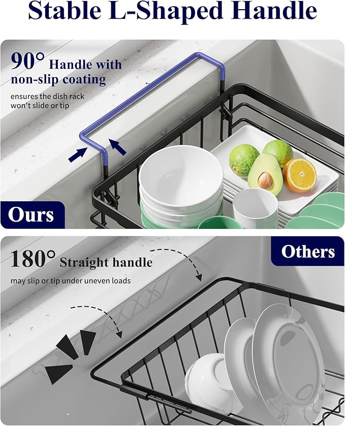 Kitsure Dish Drying Rack – Expandable in-Sink or Over-Sink Dish Rack for Kitchen Counter, Rust-Resistant Metal Dish Strainer with Cutlery Holder, 16.0"-20.7" L x 11.4" W x 5.7" H, Black