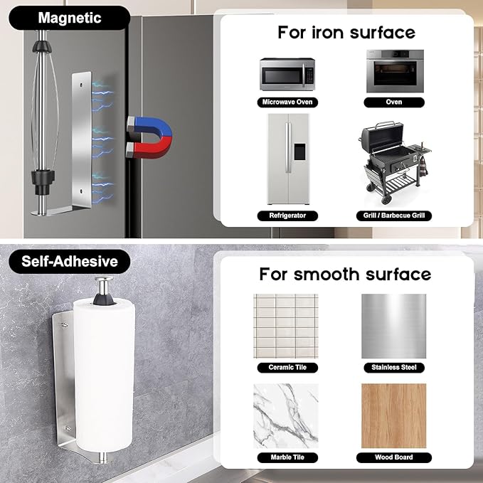 Magnetic Paper Towel Holder with Adjustable Damping, One Hand Tear, Smooth Tension Control, Strong Magnet & Self Adhesive Wall Mount, No Drilling for Kitchen, Fridge, RV, Garage, Grill (Silver)