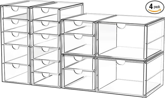 Acrylic Makeup Organizer with 17 Drawers, 4 Pack Clear Bathroom Counter Organizer for Palettes, Cosmetic, and Beauty Supplies,Ideal for Vanity, Cabinet,Desk Organization