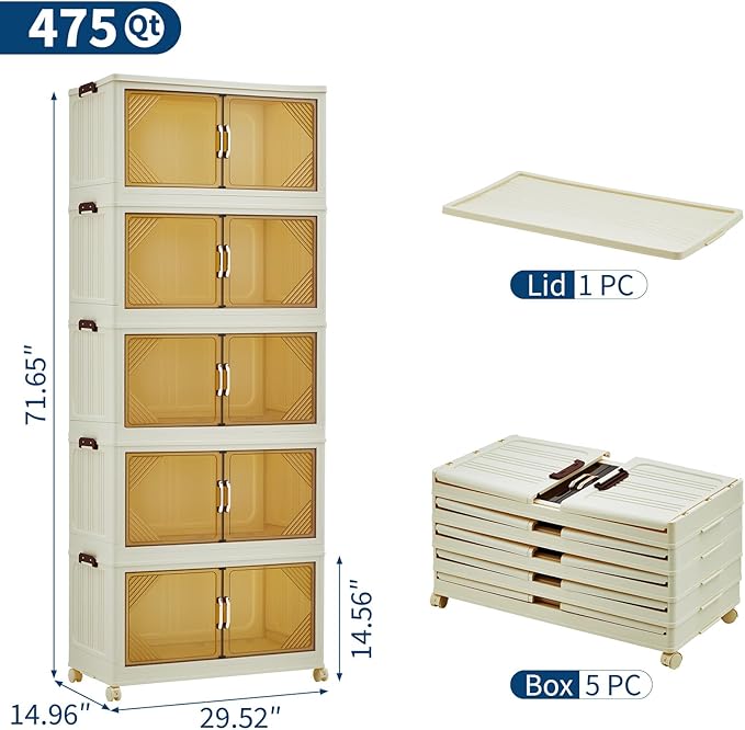 GarveeHome 475QT Stackable Storage Bins, Folding Storage Box with Magnetic Doors & Wheels, Loset Organizers and Storage with Lids, Collapsible Plastic Drawers for Bedroom Kitchen Office, White