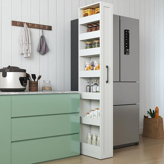 7 Tier Slim Rolling Pantry Storage Cart Wood Spice Rack on Wheels Next to Fridge Mobile Shelving Unit Space-Saving Narrow Pull-Out Utility Cart for Kitchen Bathroom Laundry Narrow Places, White