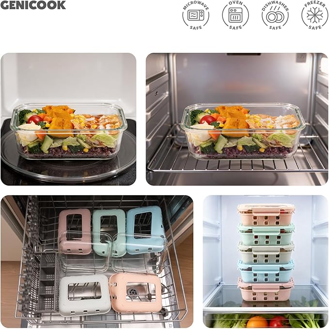 GENICOOK 4.4 Cup Glass Food Storage Containers, 5-Pack – Airtight Meal Prep Containers with Non-Slip Sleeve & Tempered Glass Lids, BPA-Free, Leakproof, Stackable