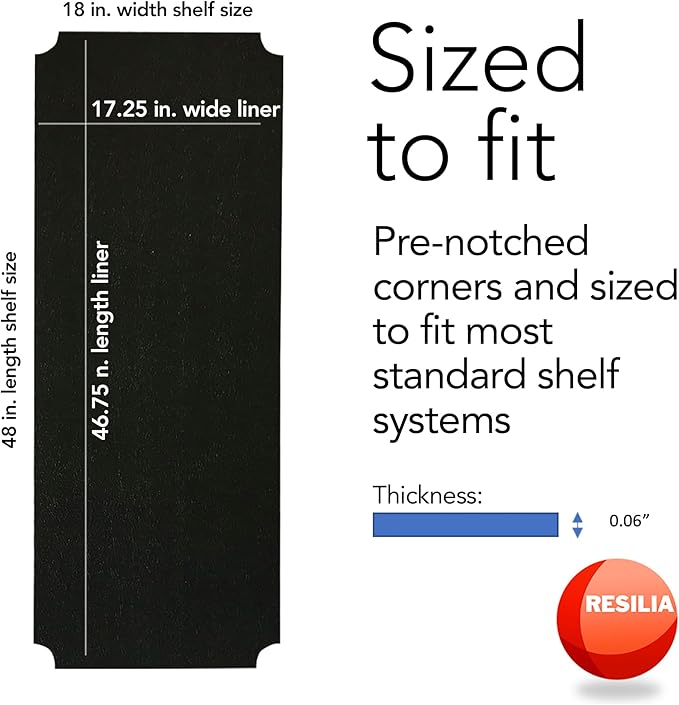 RESILIA Shelf Liner Set for Wire Shelving Rack – 4 Pack, 18 Inch Long x 48 Inch Wide, Black Plastic Vinyl Covers for Kitchen, Pantry, & Garage Racks, Made in The USA