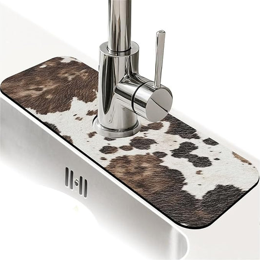 Kitchen Sink Splash Guard，Animal cow skin texture Faucet Mat Sink Gadgets-Super Absorbent Fast Drying Mat Drip Catcher for Kitchen, Bathroom,Sink Mat, Dish Drying Mat, Bathroom(15" X 5.5" )