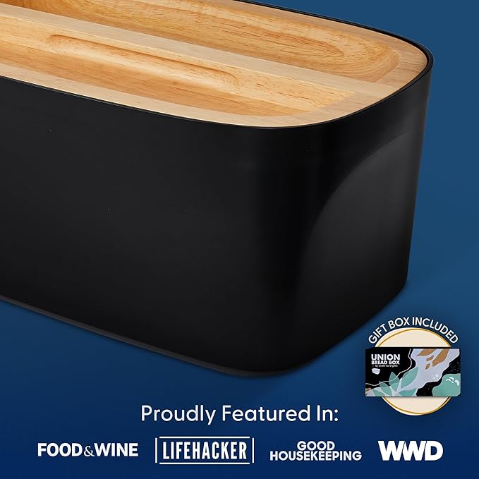 Sonder Los Angeles Union Large Bread Box | Fits Full Sourdough Loaves and More | Breadbox with Cutting Board | Homemade Bread Bin Storage Container | 14.25x9.25x7 in | Black