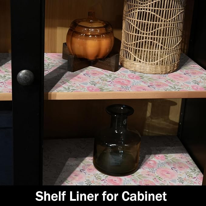 Amiitay Peach Peony Shelf and Drawer Liner for Kitchen,Non-Adhesive and Strong Non-Slip Floral Cabinet Drawer Liners for Kitchen Shelf, Waterproof Cupboard Liners,Easy to Clean,12IN x 10FT