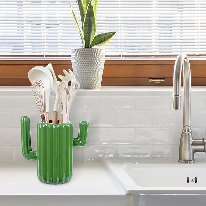 MyGift Ceramic Cactus Utensil Holder, Southwestern Green Countertop Crock – Durable Kitchen Organizer for Spoons, Paintbrushes, Desert & Cactus Home Decor
