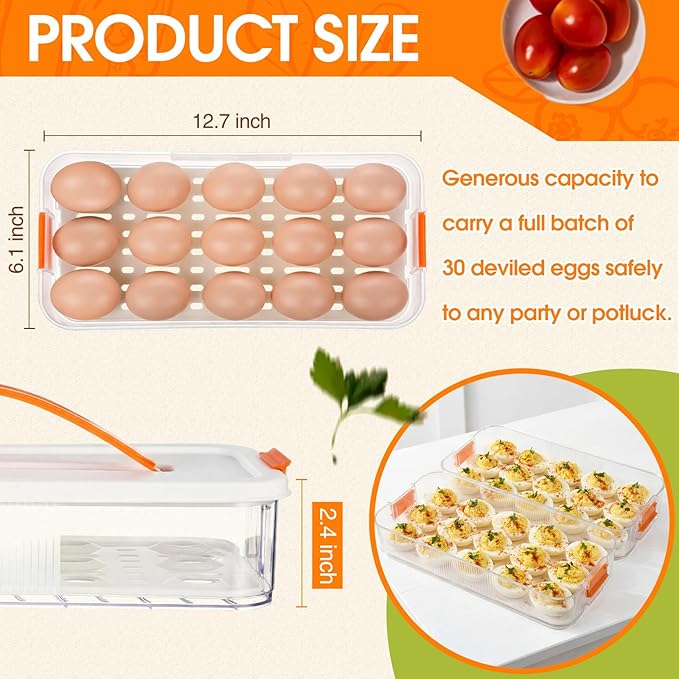 1 Pack Deviled Egg Container with Lid and Handle 2 Layer Deviled Egg Carrier for 30 Reusable Stackable Platter Clear Plastic Storage Tray for Dish Washer Party Home Kitchen Suppies