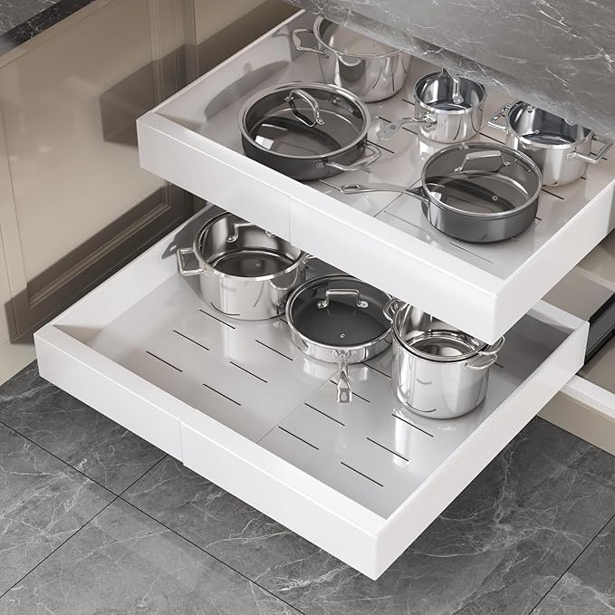 1 Pack Pull Out Cabinet Organizer 21" Deep,Full Extension 3 Slide Rails Slide Out Drawers With Raising Pad for Framed Cabinets,Expandable Width (12.3"-20.5"),No Drill Roll Out Shelves,White
