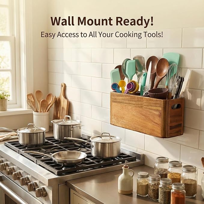 Large Wooden Utensil Holder for Kitchen Countertop - 4 Compartment Acacia Wood Organizer & Utensil Caddy for Cooking Tools, Wall Mountable