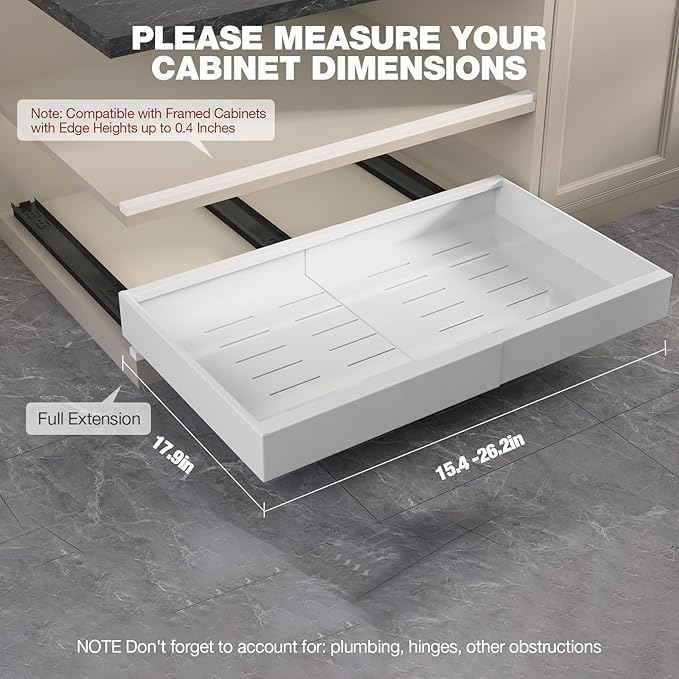 2 Pack Pull Out Cabinet Organizer 18" Deep,Full Extension 3 Slide Rails Slide Out Drawers With Raising Pad for Framed Cabinets,Expandable Width (15.4"-26.2"),No Drill Roll Out shelf,White