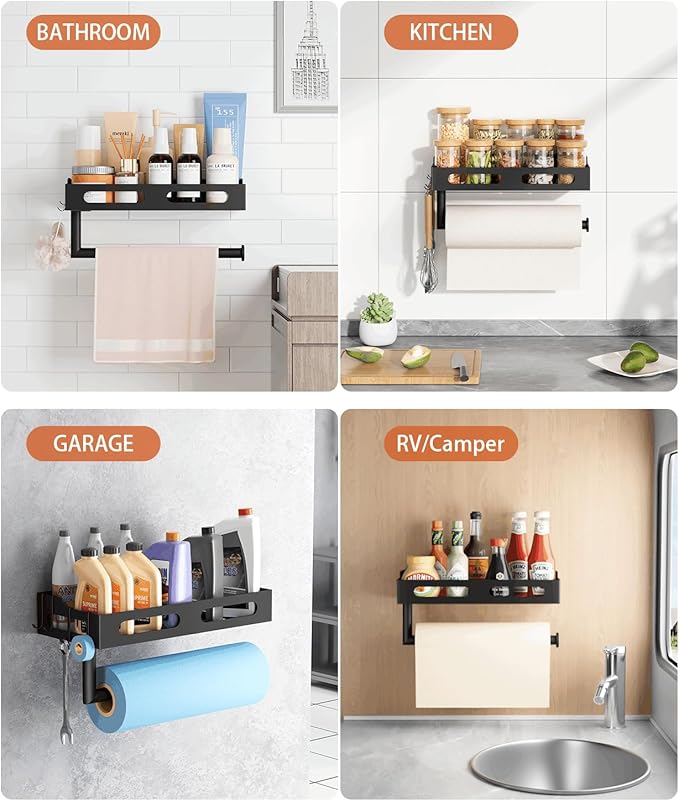 Paper Towel Holder Wall Mount for Kitchen, One-Handed Tear, Bathroom Paper Towel Holder with Shelf, RV Paper Towel Rack Wall Mount Paper Roll Holder with 4 Hooks, Drill Mount/Matte Black