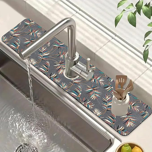 Ceramic Texture Sink Splash Guard Kitchen Tiles Faucet Absorbing Mat Fast Drying Mat Sink Gadgets Splash Guard Behind Faucet Drip Catcher for Kitchen Bathroom, 23.5"x5.5"