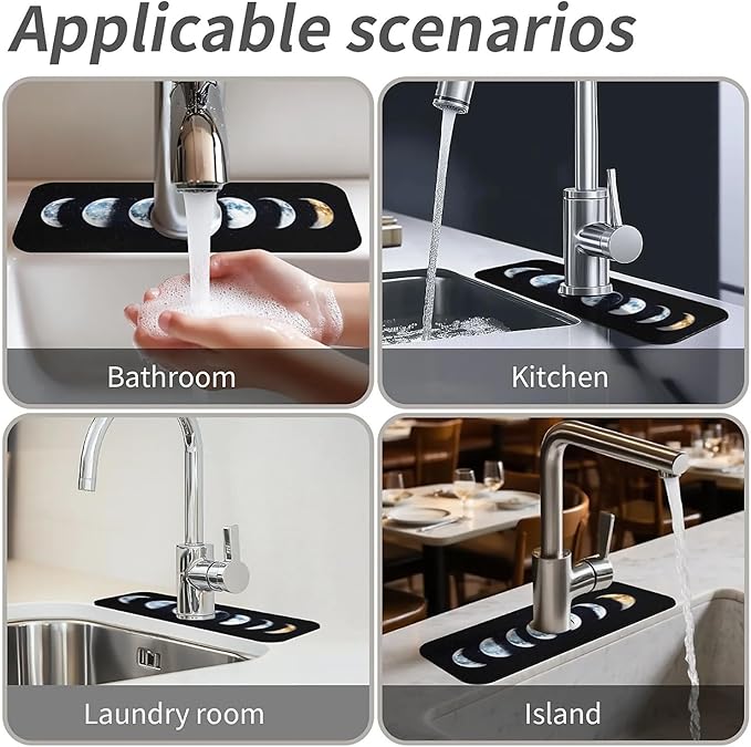 Kitchen Sink Splash Guard，phase of the moon Faucet Mat Sink Gadgets-Super Absorbent Fast Drying Mat Drip Catcher for Kitchen, Bathroom,Sink Mat, Dish Drying Mat, Bathroom(15" X 5.5" )