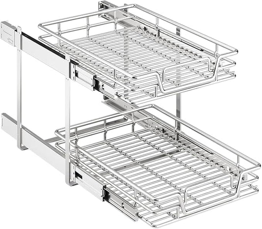 2-Tier Kitchen Cabinet Pull Out Shelf and Drawer Organizer Slide Out Pantry Storaqe Basket in Multiple Sizes (15" W x 21" D)