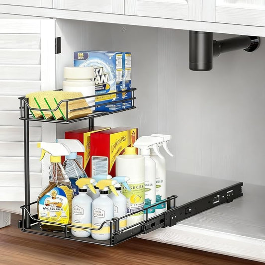 Under Sink Organizer, 2 Tier Pull Out Cabinet Organizer and Storage for Kitchen Fully Extendable Slide out, Heavy Duty Under Sink Storage for Bathroom Laundry Kitchen Pantry Closet (Black Large Size)