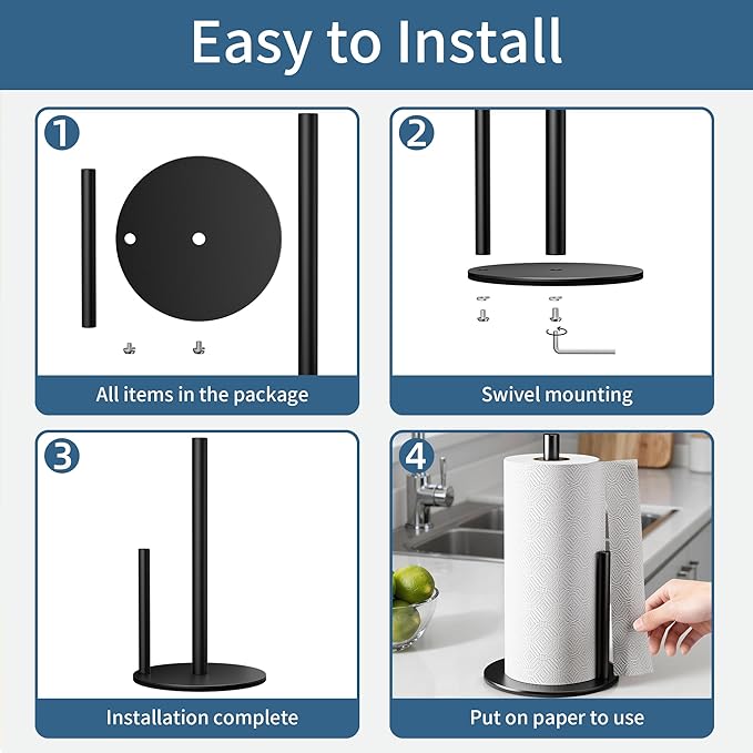 Black Paper Towel Holder Stand for Kitchen Countertop and Bathroom, Stainless Steel Kitchen Upright Paper Towel Holder for Large and Standard Rolls(Matte Black)
