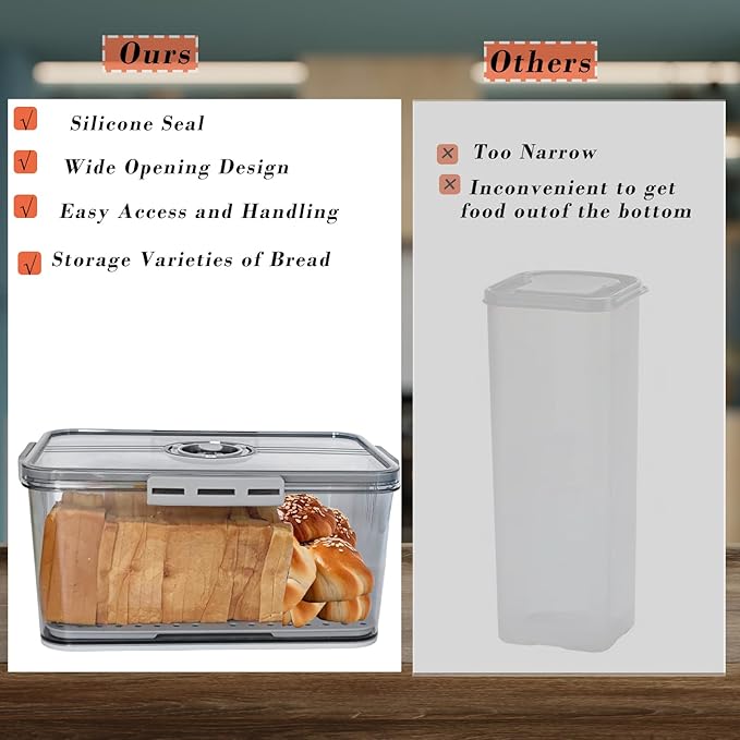Bread Box Bread Boxes for Kitchen Counter Airtight,Time Recording Bread Storage Container with Lid, Bread Keeper for Homemade Bread, Toast, Bagel, Donut and Cookies, Grey